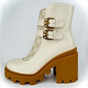 GUCCI Kensington GG Supreme Leather Crystal Buckle Platform Ankle Boots EU 41